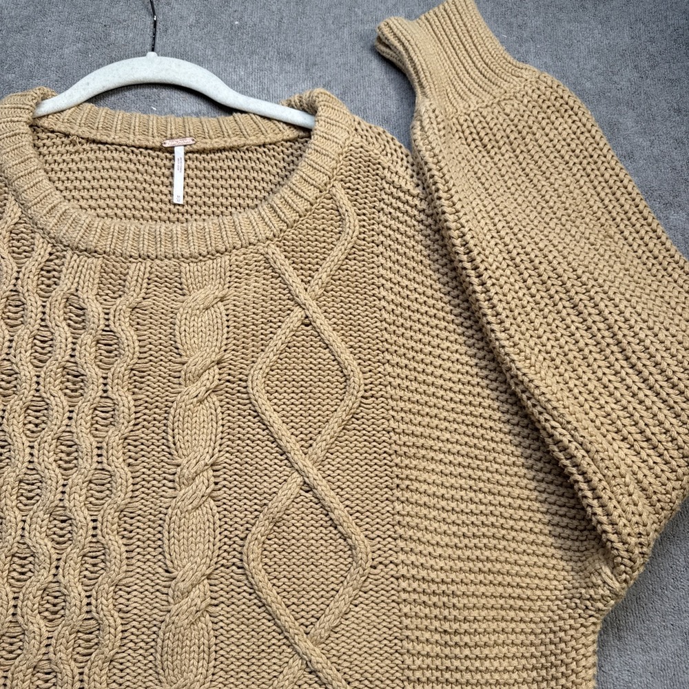 Free People Cable Knit Sweater Women's Medium Beige Chunky Cropped Pullover